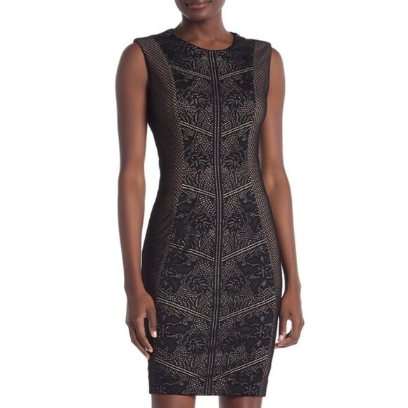 Dress The Population Black Tori Lace Chevron Stripe Mesh Sheath Dress Size S - Picture 2 of 7